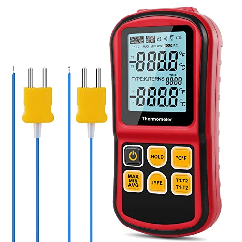 Leaton Digital Thermometer Dual Channel Thermometer Temperature Thermometer with Two K-Type Thermocouple Probe Backlight LCD K Type Thermometer for K/J/T/E/R/S/N Thermocouple