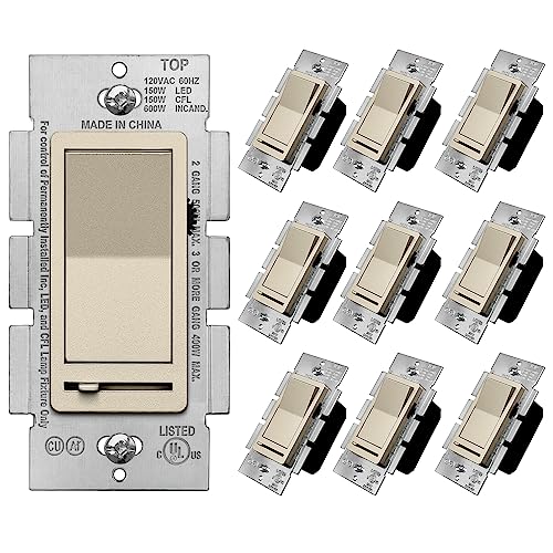 BESTTEN 10 Pack Matte Champagne Gold Dimmer Light Switch, Single Pole or 3-Way, Compatible with Dimmable LED, CFL, Incandescent and Halogen Bulb, 120VAC, Signature Collection, UL Listed - color: Champagne Gold