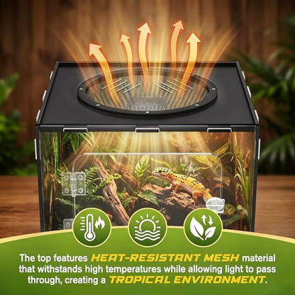 10 Gallon Reptile Tank Enclosure,12x12x18 Transparent Reptile Terrarium Acrylic Front Opening with Metal Translucent Mesh Top for Crested Gecko Lizards, Snakes, Chameleon