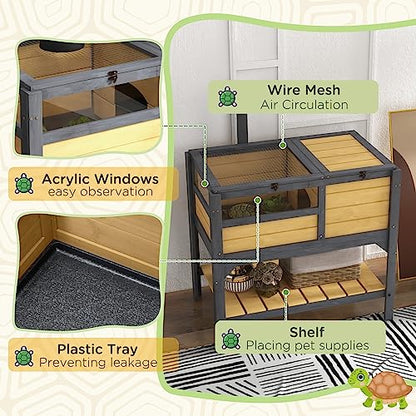 Turtle Habitat Enclosure, Large Wooden Tortoise House for Indoor and Outdoor Use, Reptile Enclosure with Openable Roof & Secure Locking System (Yellow+Storage Shelf)