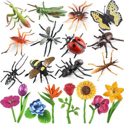 20Pcs Insect Toy Fake Plastic Bugs Figures for Kids - Flower Ladybug Bee Butterfly Ant Cricket Mantis Scorpion Spider School Project Birthday Cake Topper Party Favors April Fool's Day Prank Gifts - style: Insect