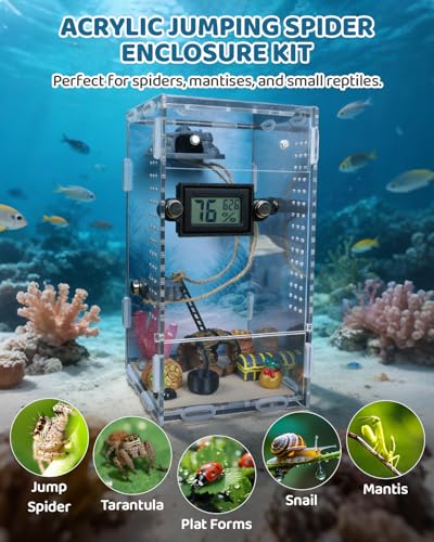 DIY Jumping Spider Enclosure,4.7"x4.7"x7.9" Escape-Proof Spider Terrarium,Small Invertebrate Acrylic Accessories Set,with Temperature and Humidity Detector,Platform,Hide,Tweezer,Feeding Bowl
