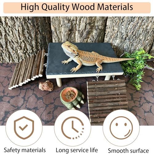 Wooden Bearded Dragon Platform Reptile Basking Platform Climbing with Slate Stone Tank Accessories for Leopard Gecko Lizard Tortoise Snake (Small Applewood) - size: Small(B)