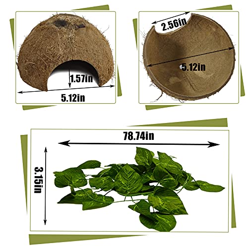 Hamiledyi Reptile Hideouts Natural Coconut Shells Hut Hermit Crab Climbing Toys Gecko Hide Cave Lizard Habitat Decor Plant Leaves Decoration for Spider Snake Chameleon (4Pcs)