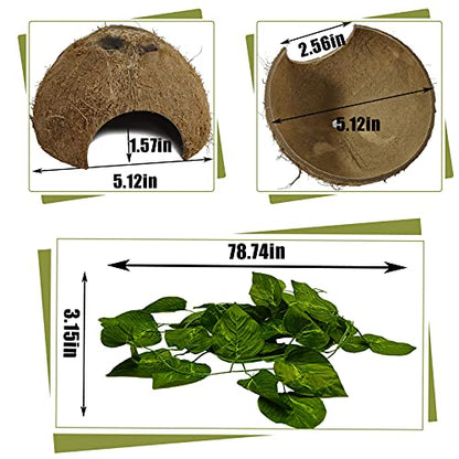 Hamiledyi Reptile Hideouts Natural Coconut Shells Hut Hermit Crab Climbing Toys Gecko Hide Cave Lizard Habitat Decor Plant Leaves Decoration for Spider Snake Chameleon (4Pcs)