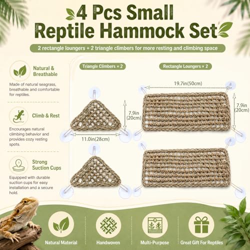 Dansydaisy 4 Pcs Bearded Dragon Reptile Hammock Small Set, Woven Lounger with Strong Suction Cups, Includes 2 Rectangle (19.7" x 7.9") and 2 Triangle (7.9" x 11.0") Climbing Beds for Geckos Iguanas - size: 19.7" X 7.9"，7.9" X 11.0"