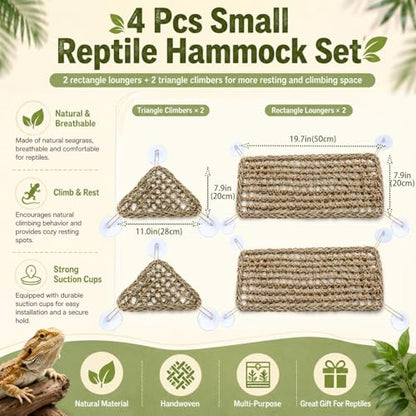 Dansydaisy 4 Pcs Bearded Dragon Reptile Hammock Small Set, Woven Lounger with Strong Suction Cups, Includes 2 Rectangle (19.7" x 7.9") and 2 Triangle (7.9" x 11.0") Climbing Beds for Geckos Iguanas - size: 19.7" X 7.9"，7.9" X 11.0"