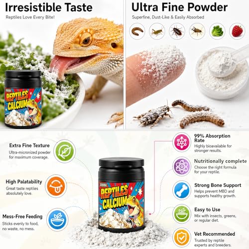 Reptile Calcium Powder with D3-2oz Fine Grind for Bearded Dragons, Leopard Geckos & Tortoises | Essential Vitamin Supplement for Bone Health & Strong Shells