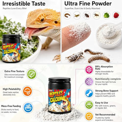 Reptile Calcium Powder with D3-2oz Fine Grind for Bearded Dragons, Leopard Geckos & Tortoises | Essential Vitamin Supplement for Bone Health & Strong Shells
