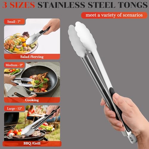 Kitchen Tongs for Cooking - 7 Inch & 9 Inch & 12 Inch Heat Resistant Stainless Steel Grilling Tong Grill Tong Metal Tongs for Cooking, Grilling, BBQ/Barbecue, Food (7+9+12 inch) - color: 7+9+12 inch