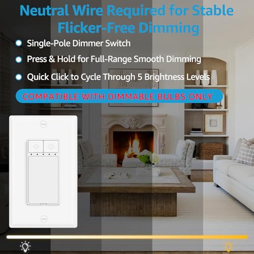 Single Pole Dimmer Light Switch, Neutral Wire Required, Work with LED/CFL (150W Max) & Halogen/Incandescent (600W Max), Rocker Dimmer Switch,5 Brightness Levels, ETL/FCC Certified, 2-Pack - color: Single-Pole Push Dimmer
