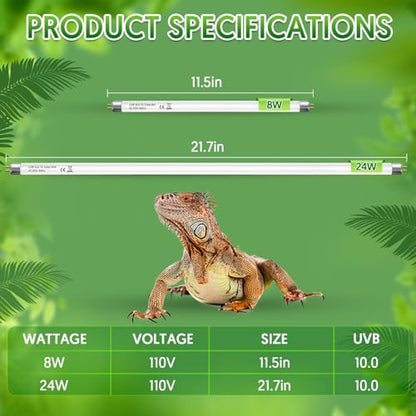 QZQ T5 10.0 UVB Reptile Light 24W, UVA UVB Reptile Light Bulb 2 Pack, Fluorescent Lamp Tube for Bearded Dragons, Snake, Gecko, Tortoise, Lizard - size: 24W-T5 Bulb-21.7IN