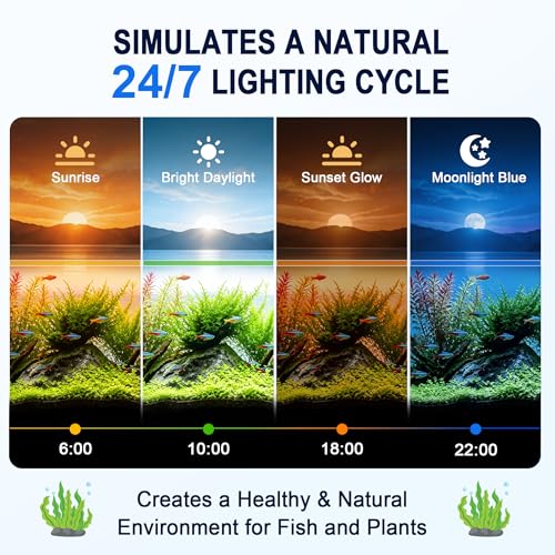 AQQA 24/7 Aquarium Light with Timer, Full Spectrum LED Fish Tank Light for Freshwater & Plants, 9 Dimmable Light Modes, 10 Adjustable Brightness, Extendable Brackets for 35-47 inch Tank,56W Black - size: 56W for 35-47 inch tank