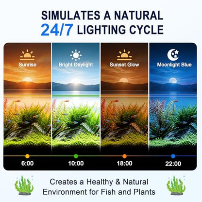 AQQA 24/7 Aquarium Light with Timer, Full Spectrum LED Fish Tank Light for Freshwater & Plants, 9 Dimmable Light Modes, 10 Adjustable Brightness, Extendable Brackets for 35-47 inch Tank,56W Black - size: 56W for 35-47 inch tank