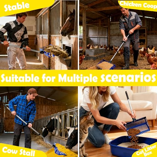 Chicken Poop Scooper & Rake 2-in-1, 15" Extra Large Stainless Steel Litter Scoop, 21"-76" Adjustable Handle, Chicken Coop Cleaner for Sand, Pet Waste & Litter Sifting - color: blue