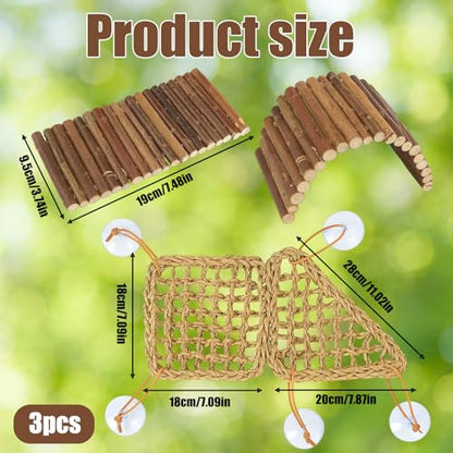 3PC Reptile Hammock, Bearded Dragon Hammock, Climbing Set with Wooden Ladder, Ideal for Reptile Habitat Enrichment, Includes Triangle and Square Pads for Lizards, Geckos, Tortoises