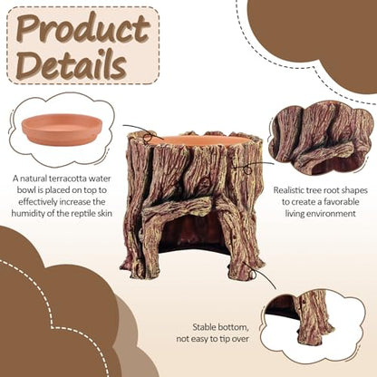 Reptile Hide Cave, 2 in 1 Reptile Humid Hide with Detachable Clay Water Basin, Resin Terrarium Decorations for Leopard Gecko, Crested Gecko, Lizard, Snake, Crabs