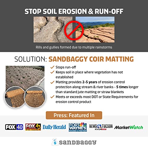 Sandbaggy Coir Mat | Erosion Control Product for Stopping Soil Erosion on Hillsides, Riverbanks & Oceanfront | Lasts 5X Longer Than Straw Blanket | Lasts 2-5 Yrs (Homeowner Size - 4 ft by 30 ft Roll) - size: 4 ft by 30 ft Roll Size or 120 sq ft