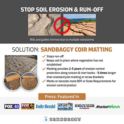 Sandbaggy Coir Mat | Erosion Control Product for Stopping Soil Erosion on Hillsides, Riverbanks & Oceanfront | Lasts 5X Longer Than Straw Blanket | Lasts 2-5 Yrs (Homeowner Size - 4 ft by 80 ft Roll) - size: 4 ft by 80 ft Roll Size or 320 sq ft