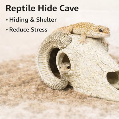 Reptile Hide Cave Decoration, Ram Skull Style Resin Shelter for Gecko, Lizard, Snake and Amphibian, Natural Habitat Decor for Small Reptiles