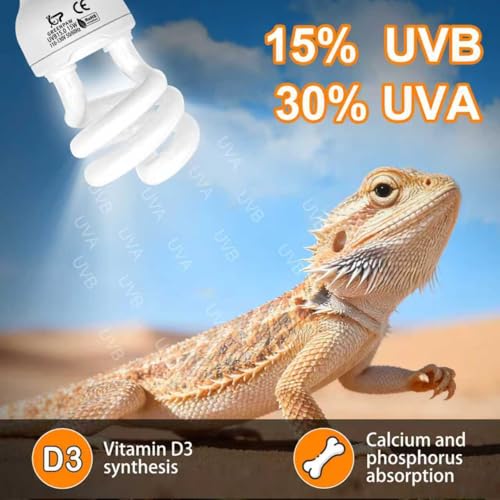 UVB Reptile Light, 15.0 15W UVA UVB Light for Reptiles, Spiral Compact Fluorescent UVB Bulb for Desert Reptiles and Amphibians - size: 5.5 in 15.0