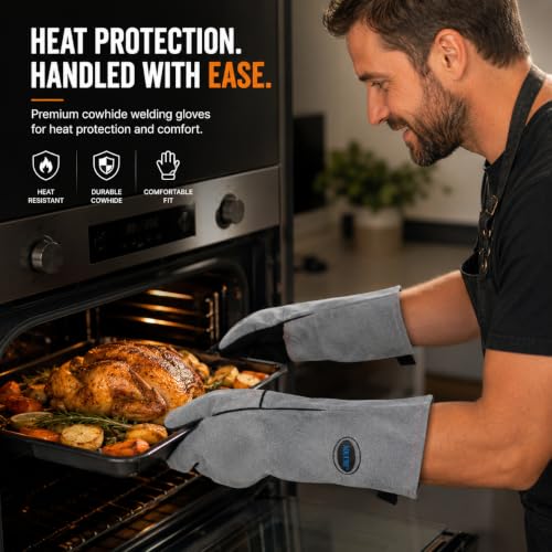 932℉ Leather Welding Gloves for Women Man, Heat Resistant Fire Long Sleeve Gloves for Tig Mig Stick BBQ Fireplace (Grey-Large) - size: Grey-Large