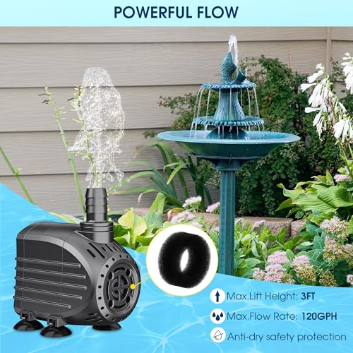 NFESOLAR Ultra Quiet Submersible Water Pump 120GPH Size 2.8Lx2.1Wx2.3H in | Water Pump with Dry Burning Protection, 5ft Cord, 3ft High Lift for Fountains, Waterfall, Hydroponics, Aquariums KF202 - size: 120GPH
