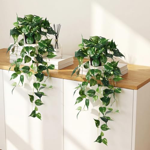 Artificial Hanging Plants with Pots - 33" Fake Pothos Silk Greenery for Indoor Outdoor, Realistic Faux Plants Potted for Shelves Bedroom Bathroom Trailing Plant, Dark Green 2 Pack - color: Light & Dark Green