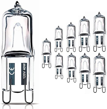 G9 Bulb, 10PCS G9 Halogen Bulb 40 Watt 120V, G 9 Dimmable Long Lasting Lifespan with High Brightness 520LM, CRI100 & 2800K Warm White, T4 JD Type Halogen Light Bulbs G 9 Base Bi Pin for Cabinet Lights - style: 40W- 10 Pack