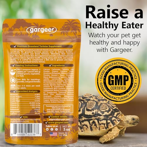 Gargeer Grassland Tortoise Multivitamin & Mineral Powder 3 oz, High Fiber Supplement with Probiotics, Calcium & Vitamins for Sulcata, Russian, Hermann's & Leopard Tortoises. Made in the USA. Enjoy!