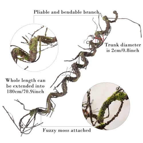 71"Faux Bendable Tree Branches Moss Grapevines Twig Garland Halloween Decor | Twisting Artificial Greenery Woody Plants Stems Trunk for Arch Fireplace Wall Hanging Garden Jungle Theme Reptile Decoration