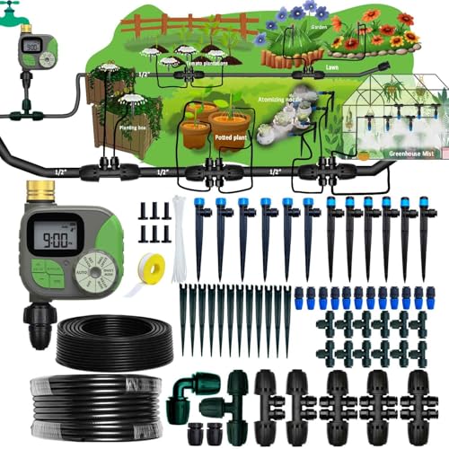 Drip Irrigation System with Water Timer for Garden,Main ID 1/2inch 16.5Ft And 1/4inch 96Ft Water Hose, Automatic Watering System Sufficient Water Pressure, Irrigation Dripper Waterflow Evenly Easy DIY - size: S7
