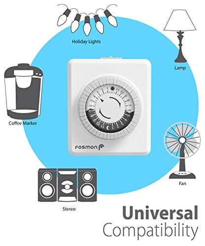 Fosmon Outlet Timers for Electrical Outlets, 24-Hour Dual Plug in Light Timers Programmable Indoor, Heavy Duty Electric Wall Plugs for Reptile, Grow Light, Grounded, 3 Prong/15A/1875W- 4 Pack