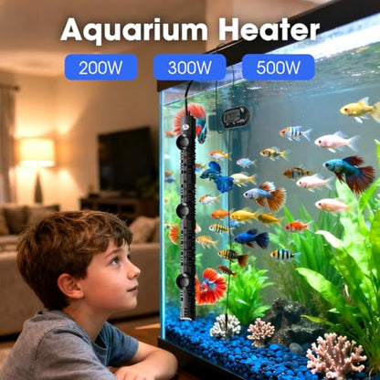 MQ Submersible Aquarium Heater Auto Thermostat, 300W Fish Tank Heater for 35-60 Gallon with LCD Digital Aquarium Thermometer, Shatter-Proof and Blast-Proof - size: 300W for 35-60 Gallon