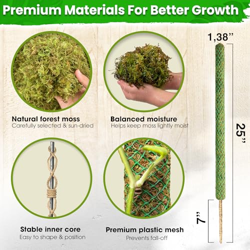 DUSPRO 4 Pack 25’’ Mesh Moss Pole for Climbing Plants, Natural Moss Pole Monstera Plant Support, Real Moss Poles for Plants Indoor, Moss Stick for House Plants, Moss Stakes for Climbing Plants - size: 25''