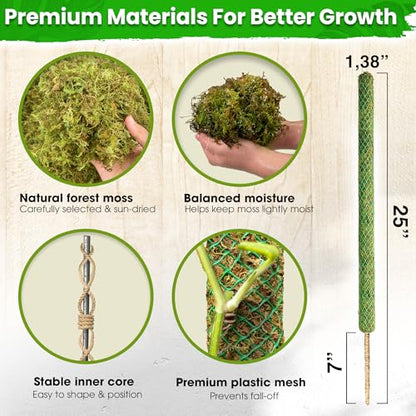 DUSPRO 4 Pack 25’’ Mesh Moss Pole for Climbing Plants, Natural Moss Pole Monstera Plant Support, Real Moss Poles for Plants Indoor, Moss Stick for House Plants, Moss Stakes for Climbing Plants - size: 25''
