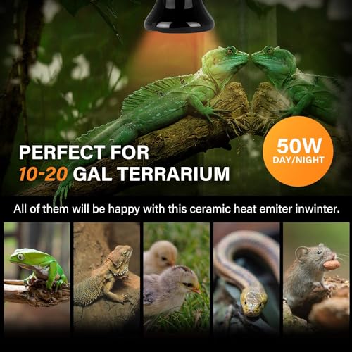 HealSmart Reptile Mini Heat Lamp 25W/50W Ceramic Heat Emitter, No Light Emitting Infrared Heat Bulbs for Amphibian Pet Brooder Coop Incubating Chicken - color: Black-1 Pack, size: 50 Watts