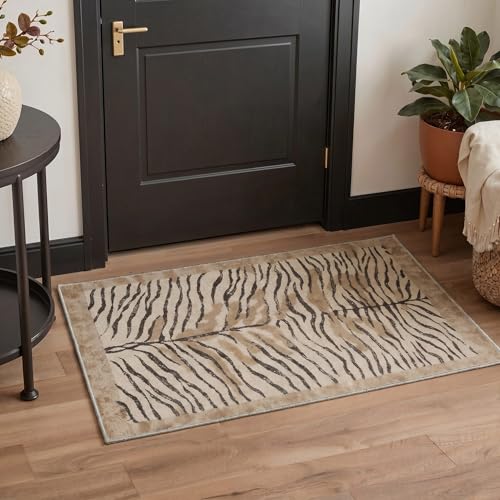 Bavni 2x3 Doormat, Zebra Stripe Machine Washable,Soft Animal Small Boho Rugs Non Slip Low Pile Non-Shedding Throw Indoor Print Woodland Jungle Carpet for Entryway Front Door Bathroom, Warm Beige - color: Warm Beige, size: 2'x3'