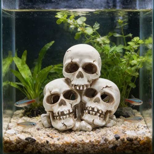 Resin Skull Aquarium Ornament, Hide Cave for Fish & Reptile Tank | Hide house for betta fish and reptiles to play, spacious resting cave, Halloween decor for aquarium and reptile tank