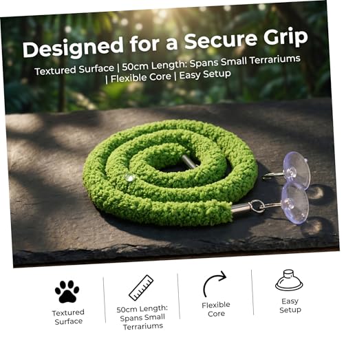 Outanaya Bendable Reptile Vine Rope with Enhanced Grip Surface for Lizard and Reptile Tank Habitat, Realistic Green Plush Climbing Rope with Suction Cup Hook for Terrarium Decoration