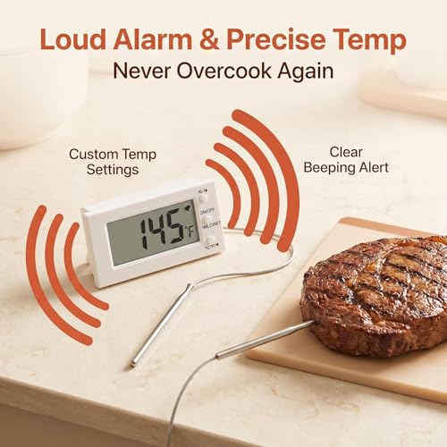 Digital Oven Thermometer -58°F to 572°F/-50°C-300°C, Thermometer with Probe, High Low Temperature Alarm, LCD, White, Battery Powered (1)