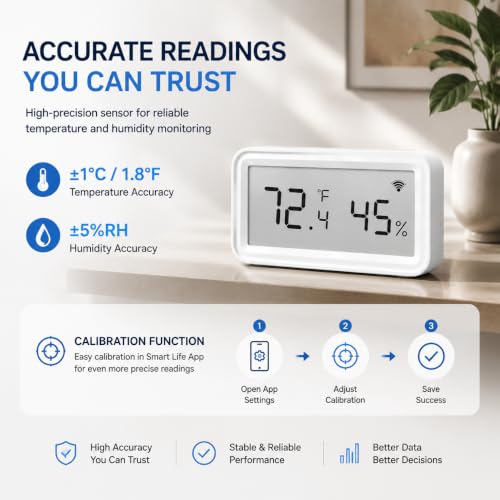 WiFi Temperature Humidity Sensor, Smart Thermometer Hygrometer with Free App Alerts, LCD Display, Calibratable, Data Logger, Indoor Monitor for Home Greenhouse Reptile (1-Pack)