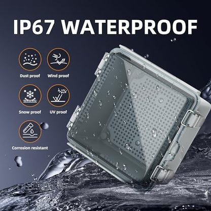 Joinfworld 6x6x4 Outdoor Electrical Box Weatherproof Junction Box | IP67 Waterproof ABS Box with, Stainless Latch, Aluminum DIN Rail, 3 NPT1/2" Fittings for Starlink, Pump & Home DIY - size: 5.9"x5.9"x3.5" Clear