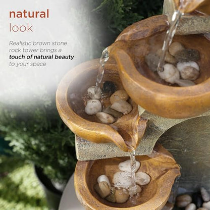 Alpine Corporation WCT726 | 16"H Indoor/Outdoor Tabletop Tiered Pouring Pots Waterfall Fountain — Natural Stone-Look Finish Adds Rustic Charm — Brown - style: 16"H - Brown 5-Tier Pouring Pots