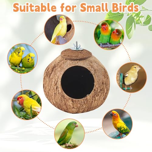 Coconut Bird Nest for Cage Natural Coconut Shell Birds House Parakeet Small Coconut Hide Breeding Hut Bird Cage Accessories for Parrot Lovebirds Budgies Cockatiel Conure Finch Canary