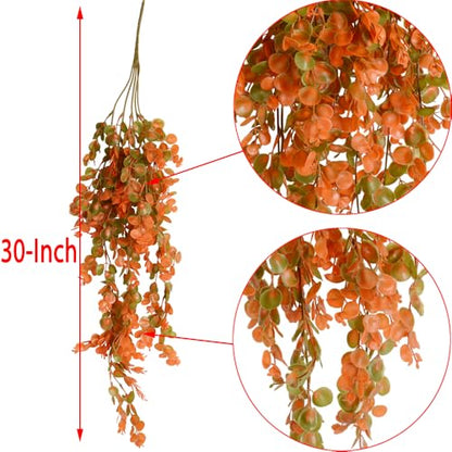 6pcs Artificial Hanging Fall Plants Fake Hanging Plant Faux Eucalyptus Leaf Greenery Vine Outdoor UV Resistant Plastic Plants (6, Fall Orange) - color: Fall Orange