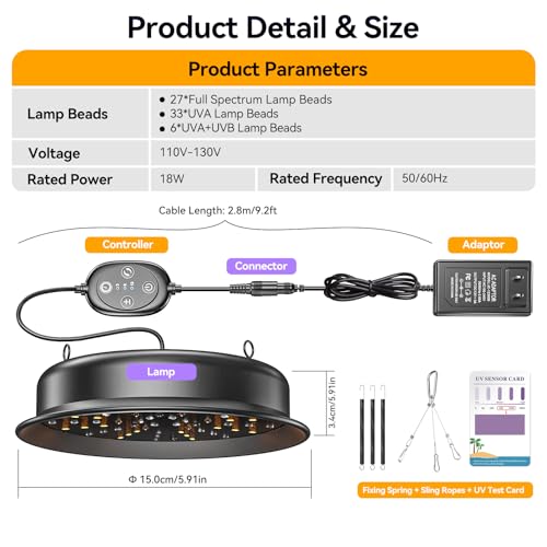 UVB Light for Reptiles, TFNN Reptile Light Fixture with 3-6-12 Cycle Timer & 3 Brightness, Full Spectrum UVA UVB Lamp for Turtles Bearded Dragon Snake (18W)