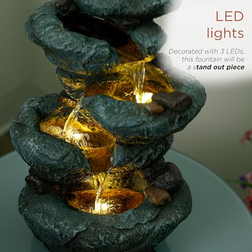 Alpine Corporation TZL418 14" 3 Tier Rock Fountain with LED Lights, Elegant Cascading Water Feature for Tabletop, Indoor Decor, Relaxing Stone Waterfall for Home & Office, Gray - style: Elegant Rock w/ LED Lights