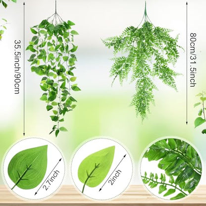 Hoteam 12 Pcs Artificial Hanging Plants 32 Inch Fake Ivy Vines with Fake Leaves Patio Artificial Plants Greenery for Living Room Indoor Outdoor Wall, No Basket (Pothos,Persian Grass) - color: Pothos, Persian Grass