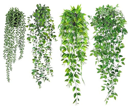 USLAI Artificial Hanging Plants Vine, Fake Potted Greenery Faux Eucalyptus, Mandala, String of Pearls, Pea Pod Leaves in Pot for Office Living Room Bathroom Indoor Outdoor Décor (4 Pack) - size: 4 Pack